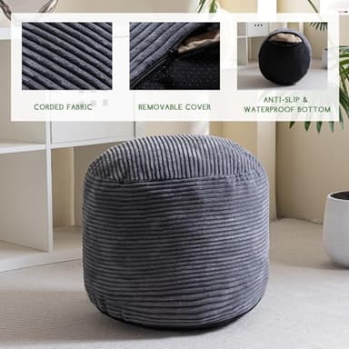 HIGOGOGO Round Stuffed Pouf Ottoman, Corduroy Poufs with Foam Chunk Filling, Furry and Fluffy Pouf Foot Stool Storage Ottoman, 20 X 15 Floor Poufs Foot Rest for Living Room, Dark Grey - Image 3
