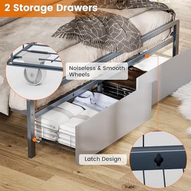 Queen Bed Frame,Bed Frame Queen Size with Headboard and Storage Shelves,Metal Platform Bed Frame with 2 Drawers & Charging Station & LED Lights,Noise-Free/Metal Slats Support/No Box Spring Needed,Grey - Image 6
