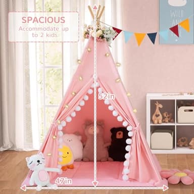 WIRHAO Teepee Tent for Kids with Padded Mat Cotton Canvas Kids Tent with Pompom for Toddlers Indoor Play Tent for Girls Boys with Stars Lights, Carry Bag, Banner Flag (Pink) - Image 5
