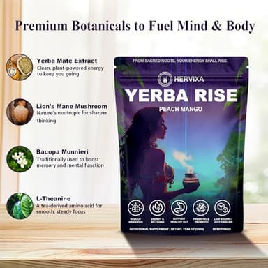 Yerba Mate Peach Mango Energy Tea Powder – Clean Plant-Based Focus Drink with Probiotics & Adaptogens – Low Sugar, No Crash, Smooth Taste – 30 Refreshing Servings - Image 10