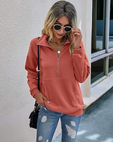 PRETTYGARDEN Women's Casual Long Sleeve Lapel Zipper Sweatshirt Drawstring Loose Pullover Tops (Orange Red, X-Large) - Image 4