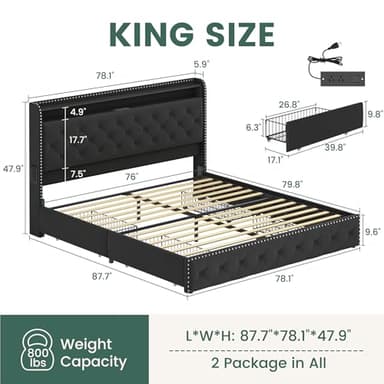 LARMACE King Size Bed Frame with 4 Storage Drawers Velvet Upholstered Tufted Bed Frame King Platform with LED Lights&USB Type-C Charging Station,Heavy Duty/No Box Spring Needed, Easy Assembly,Black - Image 2