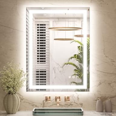 Keonjinn 24x32 Inch LED Bathroom Mirror with Light, Frontlit & Backlit, Lighted Mirrors for Bathroom Wall with Dimmable 3-Color Lights, Anti-fog Vanity Mirror with Tempered Glass, UL-Listed LED Driver - Image 1