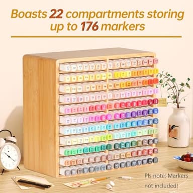 walowalo Marker Organizer Hold 176 Markers Birthday Gifts Bamboo Pen Holder Art Supply Pencil Storage Organizer with 22 Compartments All-in-One Marker Storage for Home Office Desk Classroom - Image 2