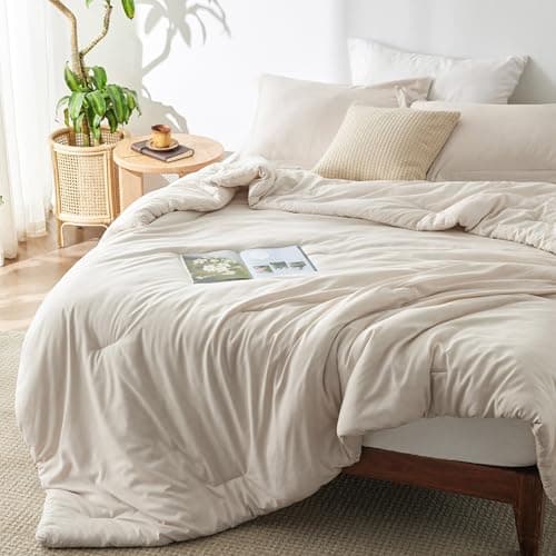 Bedsure Oversized King Comforter Set - Beige Soft Bedding for All Seasons, Cationic Dyed Bed Set, 3 Pieces, 1 Oversized King Size Comforter (120"x98") and 2 Pillow Shams (20"x36"+2") - Image 1