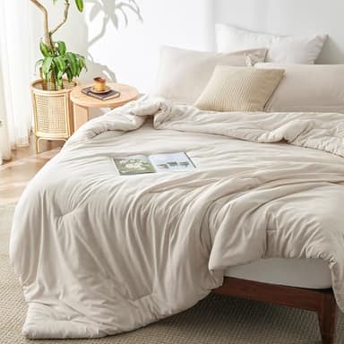Bedsure Oversized King Comforter Set - Beige Soft Bedding for All Seasons, Cationic Dyed Bed Set, 3 Pieces, 1 Oversized King Size Comforter (120"x98") and 2 Pillow Shams (20"x36"+2") - Image 1