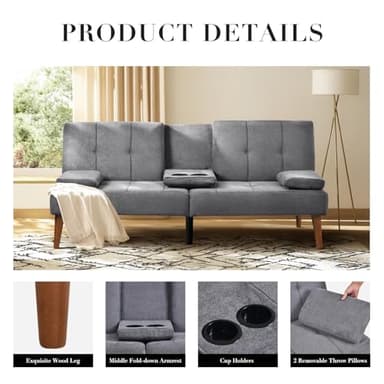 COLAMY Futon Sofa Bed-Fabric Small Couch, Small Lounge Convertible with 2 Cup Holders, Removable Soft Armrest, Adjustable Backrest for Dorm/Bedroom/College - Image 6