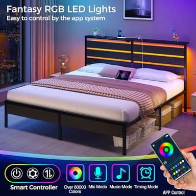 Rolanstar Bed Frame King Size with USB Charging Station, LED Bed Frame with Wood Storage Headboard, Black Metal Platform Bed with Under Bed Storage, No Box Spring Needed, Noise Free - Image 3
