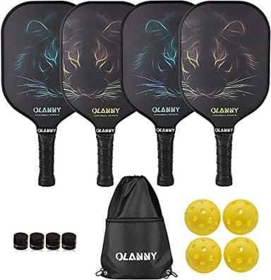 OLANNY Pickle Ball Raquette Set of 4 Lightweight Pickleball Paddle Set Premium Comfort Grip Polymer Honeycomb Core Set of Four Paddles,4 Replacement Soft Grip,4 Balls & Drawstring Bag - Image 1