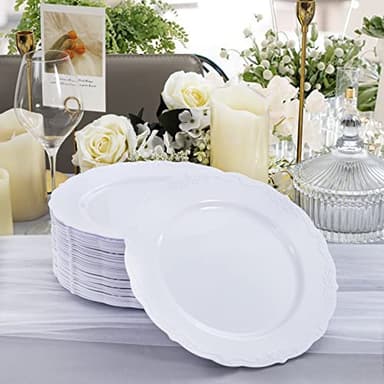 DaYammi 60PCS White Plastic Plates, Heavy Duty White Disposable Plates Premium 10inch Dinner Plates Hard Plastic Plates Disposable for Party Wedding Bridal Shower - Image 9