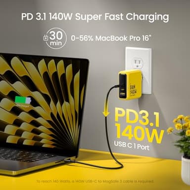 AOHI Youth 140W GaN+ USB C Charger 100W Laptop Fast Charger PD3.1 PPS 3-Port USB C Wall Charger Power Adapter for MacBook Pro 16'', Dell XPS, iPhone 17 Pro Max, iPad Pro, Tablet, Chromebook, Yellow - Image 2