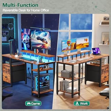 Furologee 61" Computer Desk with Power Outlet and LED Lights, Desk with Fabric File Cabinet Drawer, Large Reversible Table with Shelves and Monitor Stand, Writing Study Table for Home Office - Image 3