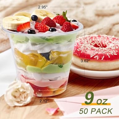 Clawsoff 50 Pack 9 oz Disposable Clear Plastic Parfait Cups with Flat Lids, Yogurt Parfait, Putting Cups for Cake, Cold Drink, Ice Cream, Fruit, Salad - Image 2