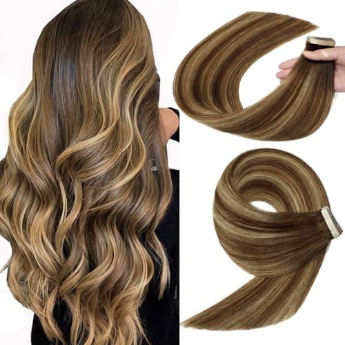 YDDM Tape in Hair Extensions, 18 Inch 20pcs Chocolate Brown Mixed Honey Blonde Seamless Invisible Tape in Hair Extensions Human Hair(4/4/27#, 18 inch) - Image 1