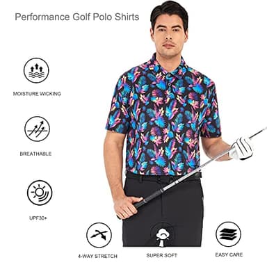 Alex Vando Mens Golf Shirt Moisture Wicking Quick-Dry Print Performance Polo Shirts for Men,Black Leaf,XXL - Image 4