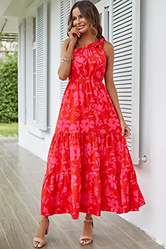 PRETTYGARDEN Women's Summer Floral Maxi Dress Knot One Shoulder Sleeveless Ruffle Flowy Boho Beach Wedding Guest Dresses (Red Floral,Small) - Image 7