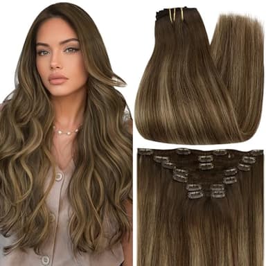 Full Shine Clip in Hair Extensions Real Human Hair Brown Balayage Dirty Blonde Hair Clip in Extensions Double Weft Medium Brown Human Hair Extensions for Women 14 Inch 7 Pcs - Image 1