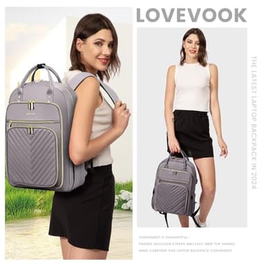 LOVEVOOK Laptop Backpack for Women, Water Resistant Travel Work Backpacks Purse Stylish Business Teacher Nurse Computer Bag with USB Charging Port,Purple Gray - Image 8