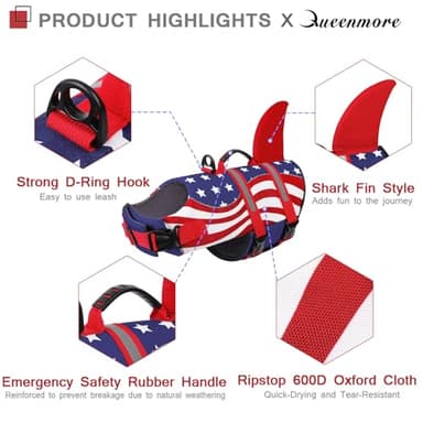 Queenmore Shark Dog Life Vest for Swimming, Pet Life Vests for Boating, High Buoyant DogLife Jacket, Ripstop High Flotation Swimsui for Small, Medium, Large Dogs (USA Flag,M) - Image 3
