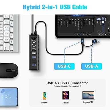 Powered USB Hub, Rosonway 7-Port USB 3.2/USB C Hub with 10Gbps USB-A 3.2, 2 USB-C 3.2, 4 USB 3.0 Ports, Individual Switches and 12V Power Adapter, Aluminum USB Port Expander for Laptop/PC, RSH-A107C - Image 4