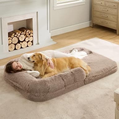 Bedsure Foldable Human Size Giant Dog Bed for Adults, 2 in 1 Calming Pet Bed with Egg Foam Supportive Mat and Waterproof Liner, Faux Fur Orthopedic Sofa, Camel - Image 1