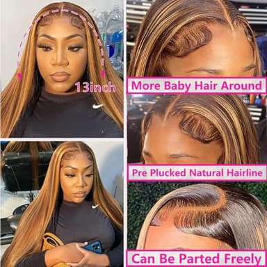Cypha Ombre Lace Front Wig Human Hair 28inch 13x6 Straight Highlight Wig Human Hair 180% Density 4/27 Colored Honey Blonde HD Lace Frontal Wigs For Women Glueless Pre Plucked with Baby Hair - Image 3