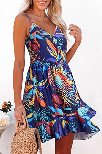 ULTRANICE Women's Summer Beach Dresses 2025 Casual Sundress Spring Trendy Floral Flowy Faux Wrap Midi Beach Vacation Outfits Clothes V-Neck Spaghetti Strap Dress(Blue Multicolored Floral,L) - Image 4