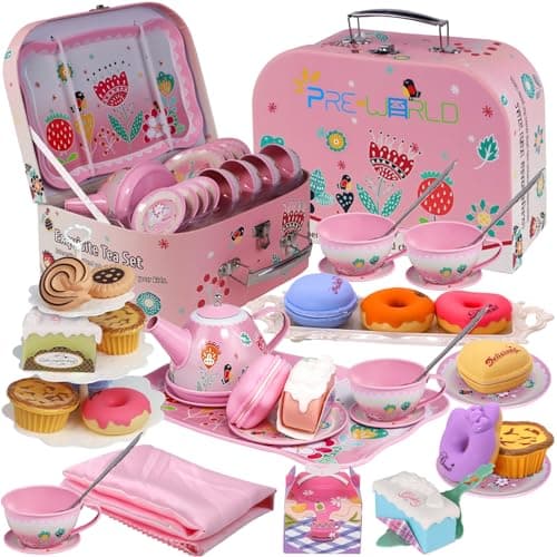Tea Party Set for Little Girls,PRE-WORLD Princess Tea Time Toy Including Dessert,Cookies,Doughnut,Teapot Tray Cake, Tablecloth & Carrying Case,Kids Kitchen Pretend Play for Girls Boys Age 3-6 - Image 1
