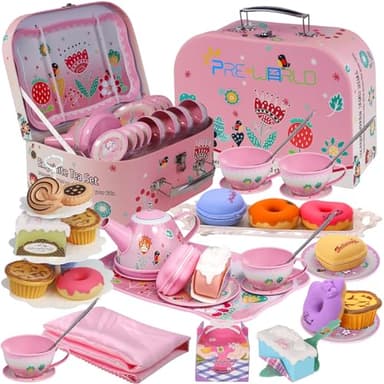 Tea Party Set for Little Girls,PRE-WORLD Princess Tea Time Toy Including Dessert,Cookies,Doughnut,Teapot Tray Cake, Tablecloth & Carrying Case,Kids Kitchen Pretend Play for Girls Boys Age 3-6 - Image 1