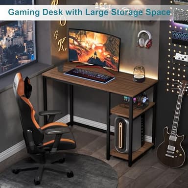 SINPAID Computer Desk 47 inches with 2-Tier Shelves Sturdy Home Office Desks with Large Storage Space Modern Gaming Desk Study Writing Laptop Table, Brown - Image 5
