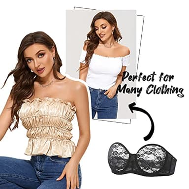 DOBREVA Women's No Padding Strapless Lace Bra Underwire Multiway See-Through Black 40E - Image 6