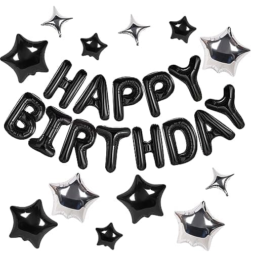 CANREVEL Happy Birthday Banner 13pcs 16 Inch Mylar Foil Letters with 12pcs Star Balloons Birthday Party Decorations - 3D Black - Image 1