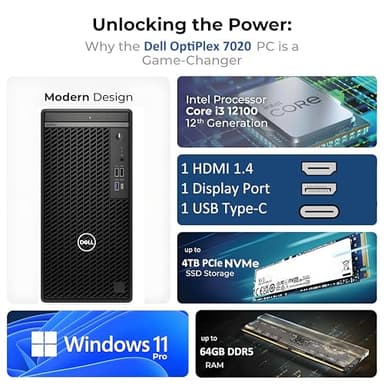 Dell Optiplex Desktop Computer, 7020 Tower Dekstop Pc, 12th Gen Intel 4-Core Processor (Beats Core i7-9700), 64gb Ddr5 Ram, 2tb Pcie Ssd, Dvdrw, WiFi Adapter, Rj-45, Keyboard & Mouse, Windows 11 Pro - Image 2
