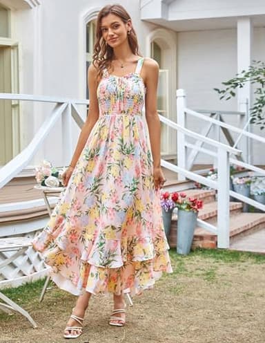 GRACE KARIN Women's 2025 Summer Floral Boho Dress Square Neck Strapped Swing A Line Sundress Beach Long Maxi OutfitsBlue Yellow XL - Image 2