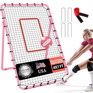 Adjustable Volleyball Rebounder Net 7x4 ft with PU Volleyball and Stakes - Bounce Back Training Equipment for Practicing Volleying, Bumping, Spiking, Easy Set Up & Steady for Multi Sports (Pink) - Image 1