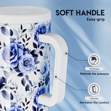 Meoky 40 oz Tumbler with Handle and Straw: Stainless Steel Insulated Tumbler with Lid and Straw - 100% Leak Proof Tumbler for Car Cup Holders - Travelers Commuters Workers, Blue Rose - Image 6