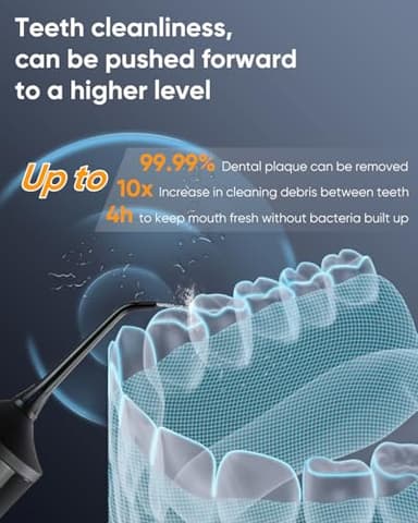 MySmile LP221 UVC Sterilizable Cordless Water Flossers for Teeth 335ML Portable OLED Display Dental Flosser with 4 Modes 8 Jet Tips and a Storage Pouch for Home and Travel (Midnight Black) - Image 2