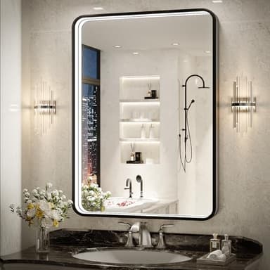 FTOTI 36x24 Inch LED Bathroom Mirror with Lights, Black Metal Frame Mirror, Wall Mounted Lighted Vanity Mirrors for Wall, Anti Fog Dimmable Led Mirror for Makeup - Image 1