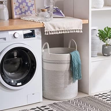YOUDENOVA Woven Rope Laundry Hamper Basket, 58L Tall Luandry Basket, Baby Nursery Hamper for Blanket Storage, Clothes Hamper for Laundry in Bedroom-Large-Stripe White - Image 8