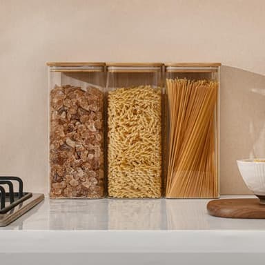 D2scrma 71oz Rectangle Airtight Glass Storage Containers with Bamboo Lids (Set of 3), Square Food Storage Jar, Pantry Organizers for Sugar, Flour, Spaghetti and Coffee beans (with Black Lable) - Image 7