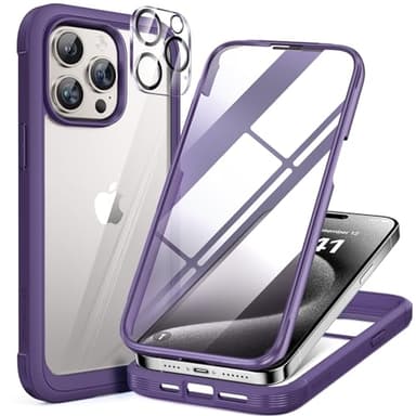 Miracase Glass Series for iPhone 15 Pro Max Case 6.7 Inch, Full-Body Drop Proof Phone Case for iPhone 15 Pro Max with Built-in 9H Tempered Glass Screen Protector + Camera Protector, Purple - Image 1