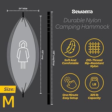 Durable Hammock 400 lb Capacity, Nylon Camping Hammock Chair - Double or Single Sizes w/Tree Straps and Attached Carry Bag - for Travel/Backpacking/Beach/Backyard (Medium, Black & Light Grey) - Image 8