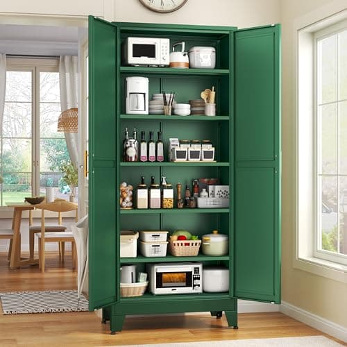 GAIOUS 75.2" Tall Kitchen Food Pantry, Pantry Cabinet with 2 Door and 5 Adjustable Shelves, Green Laundry Room Cabinets, Freestanding Pantry for Kitchen, Study Room, Dining Room and Entryway - Image 1