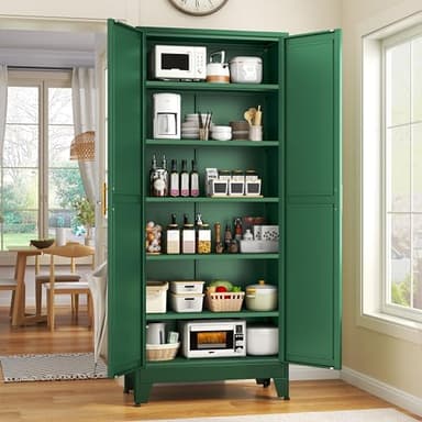 GAIOUS 75.2" Tall Kitchen Food Pantry, Pantry Cabinet with 2 Door and 5 Adjustable Shelves, Green Laundry Room Cabinets, Freestanding Pantry for Kitchen, Study Room, Dining Room and Entryway - Image 1