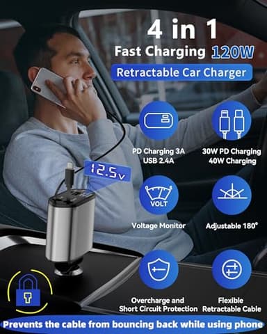 Retractable Car Charger, 4 in 1 Fast Charging Car Charger USB-C & USB-A Compatible with iPhone 16/15/14/13/12/11,Galaxy,Pixel - Image 3