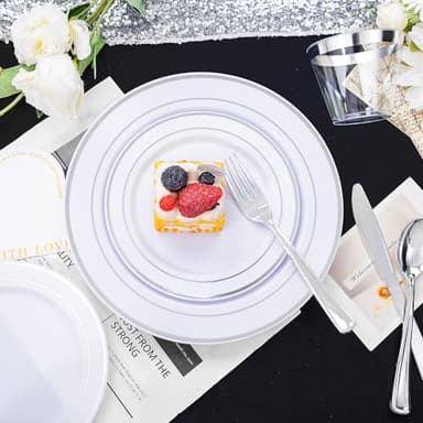 bUCLA 600pcs Silver Plastic Dinnerware Set for 100 Guests - Silver Christmas Dinnerware Set Disposable for Party - Include 100 Dinner Plates,100 Dessert Plates,100Cups,100 Knives,100 Forks,100 Spoons - Image 3