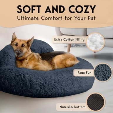 PetJett Calming Dog Beds Large Sized Dog - 36'' Round Bed, Anti-Slip & Washable Super Soft Donut Bed, Fluffy Faux Fur Anti-Anxiety Premium Comfort Pet Bed, Fits Dogs up to 100 lbs - Dark Grey - Image 2