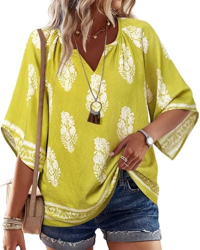 Bebonnie Women Blouses Dressy Casual: Womens Bell Sleeve Summer Spring V Neck Floral - Hawaiian Outfits for Women - Boho Hippie Peasant Blouses Plus Size Shirts Tunic Tops Multi Green XXL - Image 1