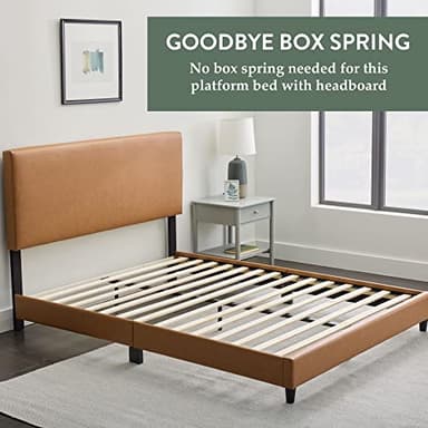 Edenbrook Platform Bed with Headboard – No Box Spring Needed – Faux Leather Upholstered Platform Bed Frame – Low Profile – Easy Assembly – Camel – Full Size - Image 4