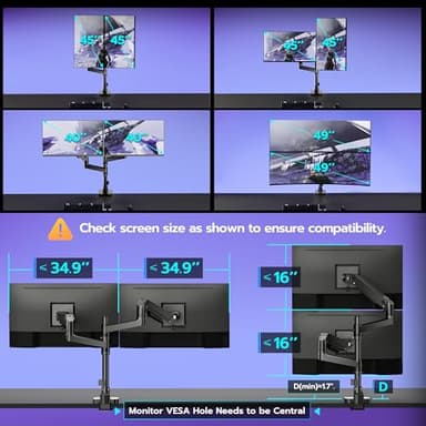 ARES WING Dual Monitor Arm Desk Mount for 17-49 Inch Ultrawide Monitors, Heavy Duty Dual Monitor Mount Holds 44 lbs, Full Motion Gas Spring Vertical Stacked Monitor Mount, 75/100 VESA Mount, Black - Image 2